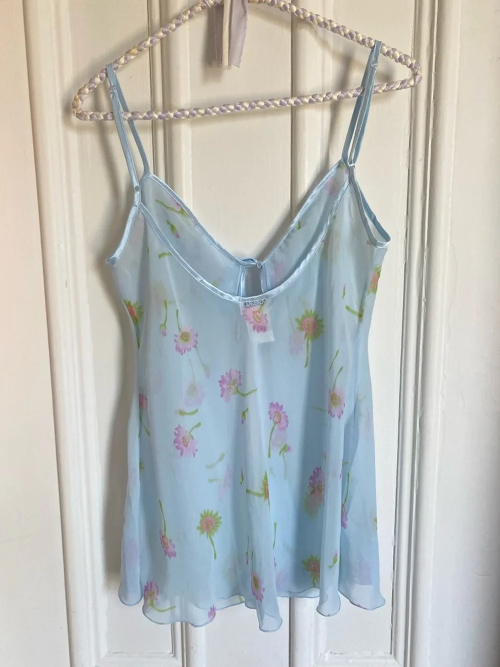 Y2k Vintage Sheer Light Blue Floral Open Front Slip Top with Tie Bow Detail - Picture 6 of 8